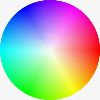 A color wheel made from a conical hue gradient and a radial white-to-transparent overlay
